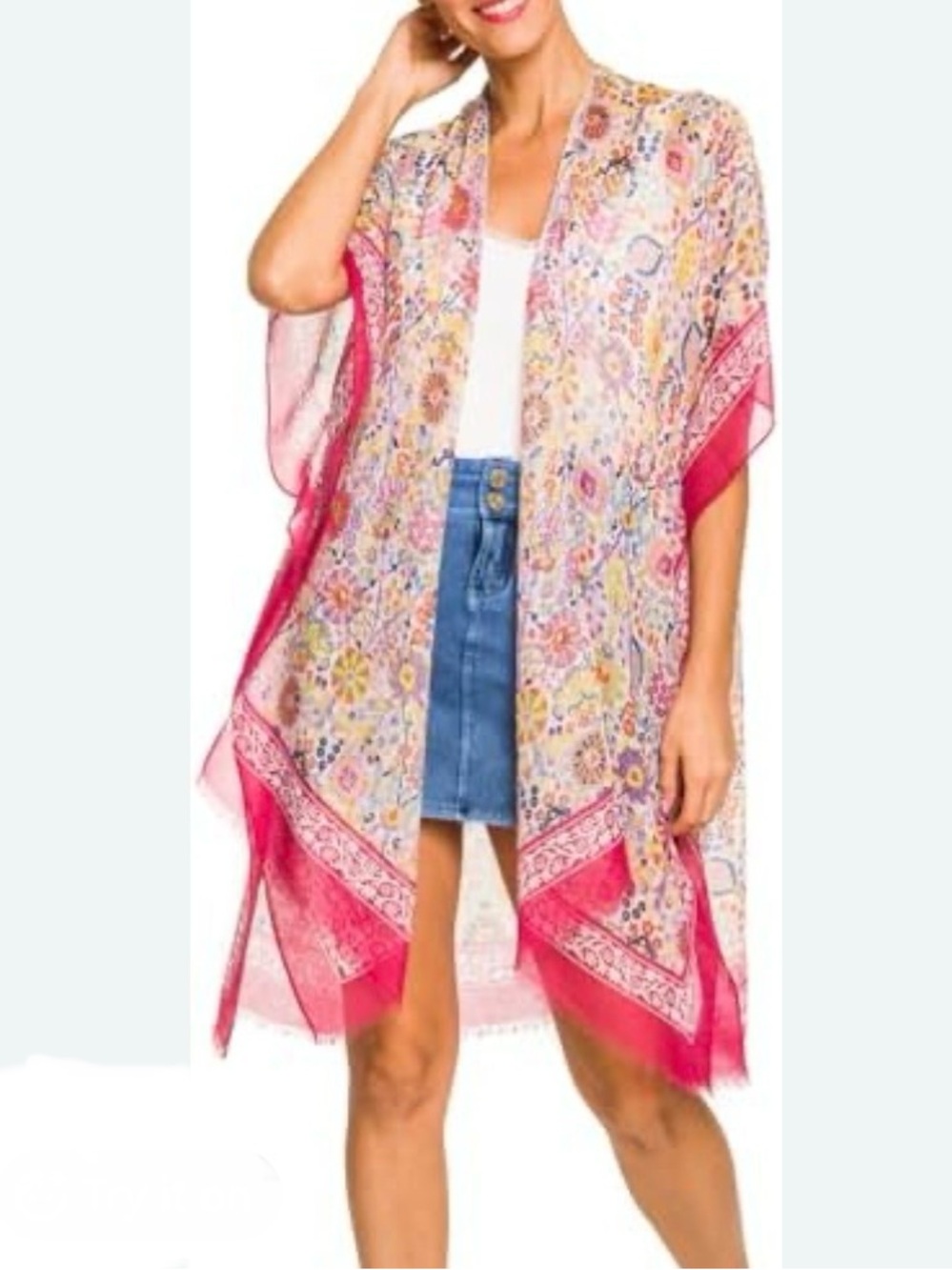 KIMONO Gauzy Pink Handkerchief Print Boho Topper Resort Wear OS